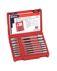 Genius Tools 16 Piece 1/4" & 3/8" Dr. Metric Wobble Hex Bit Socket Set - BS-2316WH