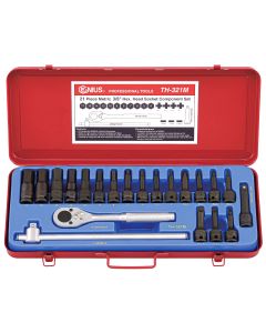 Genius Tools 21 Piece 3/8" Dr. Metric Hex Impact Bit Socket Component Set (CR-Mo) - TH-321M