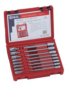 Genius Tools 16 Piece 1/4" & 3/8" Dr. SAE Wobble Hex Bit Socket Set - BS-2316WS